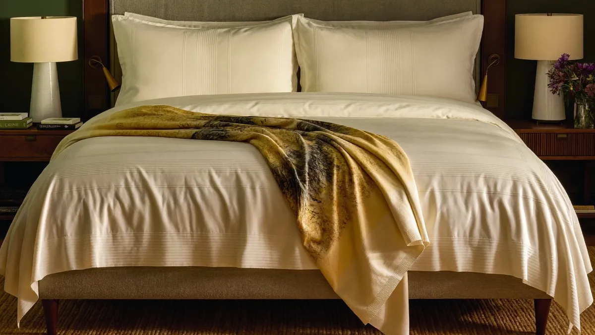 Cama king com roupa de cama creme em quarto elegante