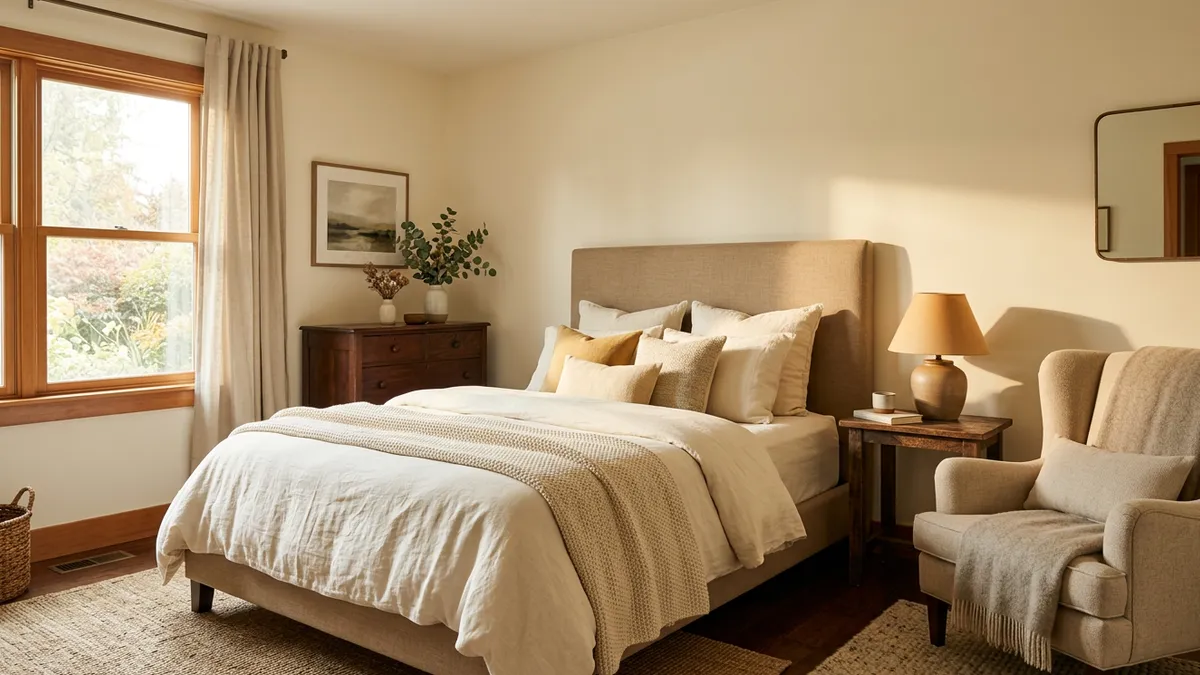 Quarto acolhedor com cama de altura confortável e poltrona de leitura